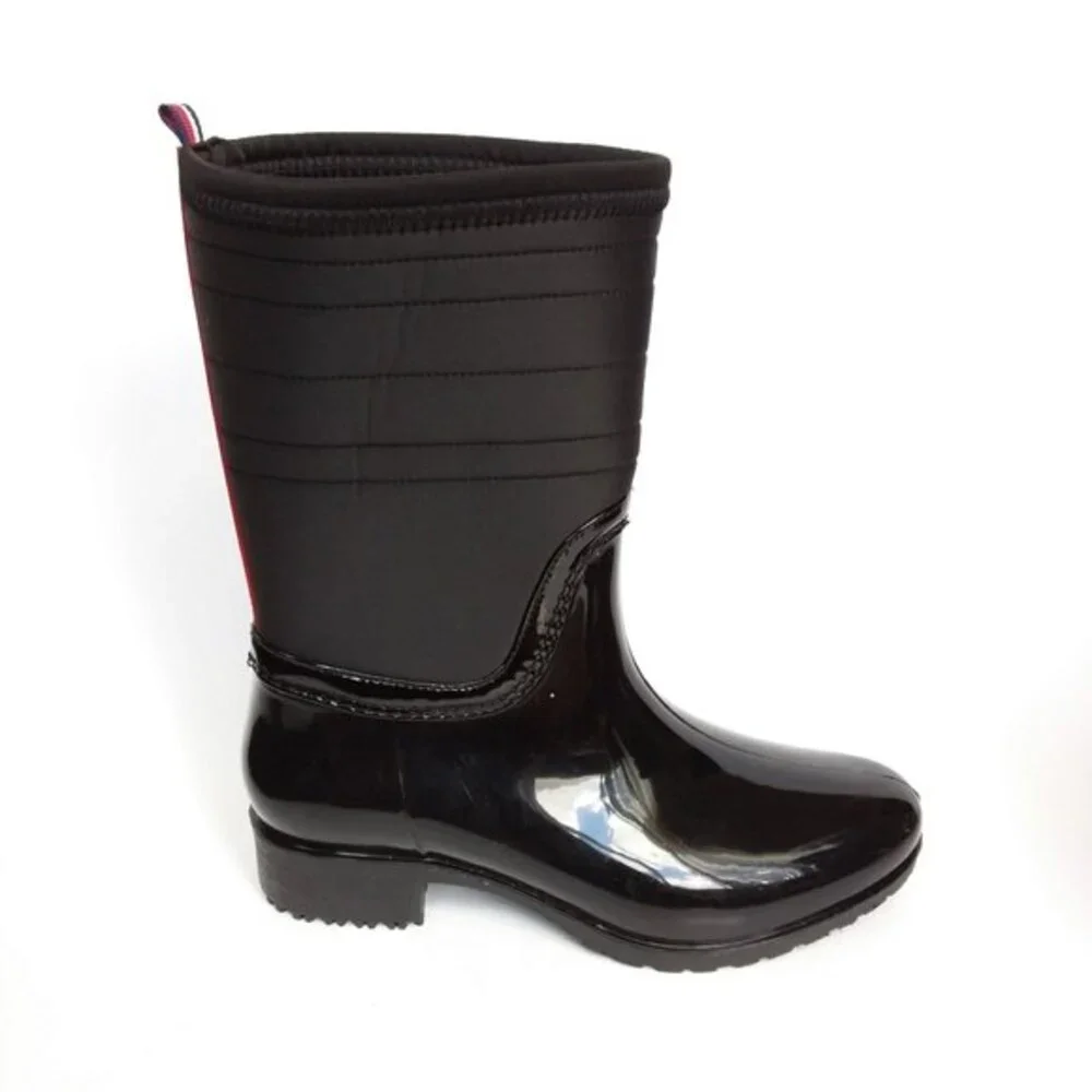 New Tommy Hilfiger Glossy Fonsi Hilfiger Stripe Rain Boot Black 6